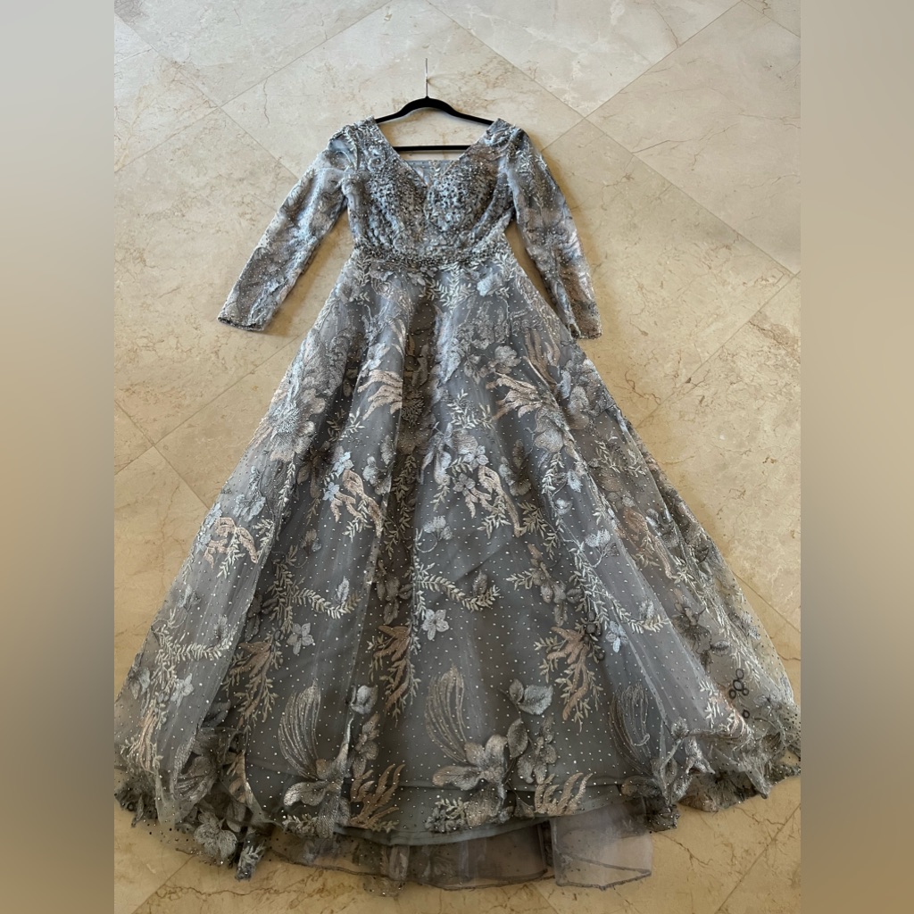 Mac Duggal Light Gray Empire Waist Gown